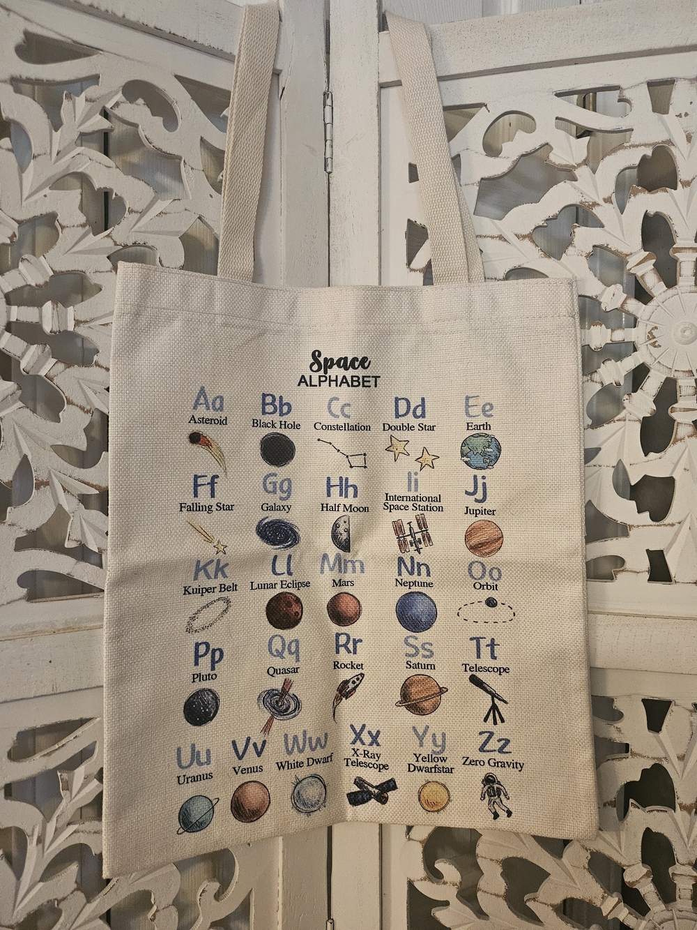Space Alphabet Canvas Tote Bag - Cream with Blue Print